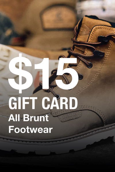 A $15 gift card for Brunt footwear, showcasing the brand's logo and vibrant colors on a simple backdrop.