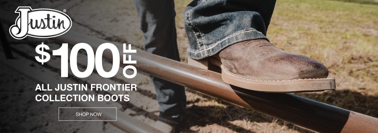 Justin cowboy boots on sale for $100 off, showcasing a stylish design suitable for casual and formal wear.