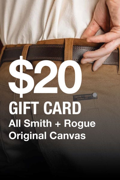 A $20 gift card for Smith + Rogue original canvas items, showcasing the brand's logo and vibrant colors.