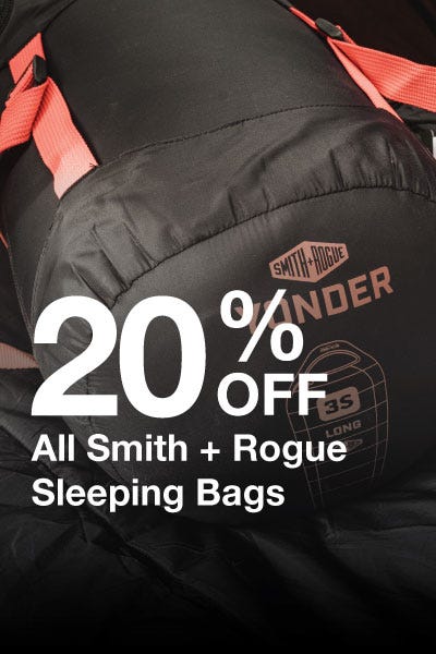 Promotional image for Smith & Rogue sleeping bags with a 20% discount, showcasing various colors and styles.