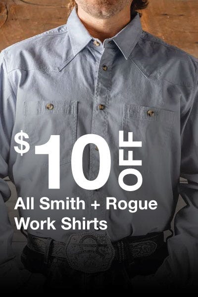 Promotional image showcasing $10 discount on Smith & Rogue work shirts, with eye-catching graphics and text.