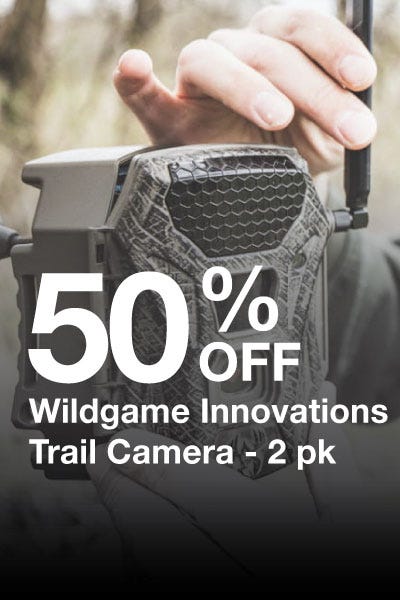 Wildlife camera promotion featuring a 50% discount tag.